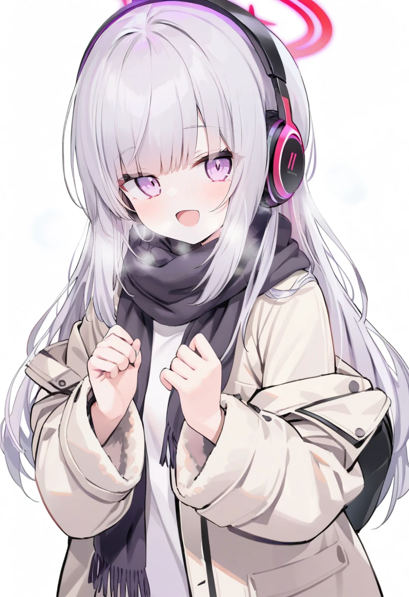 masterpiece, best quality, <lora:caoXL_ANI31_lokr_V2233:0.95> 1girl, halo, scarf, purple eyes, long hair, solo, jacket, looking at viewer, white background, white jacket, black scarf, smile, simple background, bangs, grey hair, upper body, blush, long sleeves, open mouth, breath, open clothes, open jacket, blunt bangs, mechanical halo, off shoulder, white hair, headphones, own hands together, white coat, coat, winter clothes, :d, hands up, sidelocks