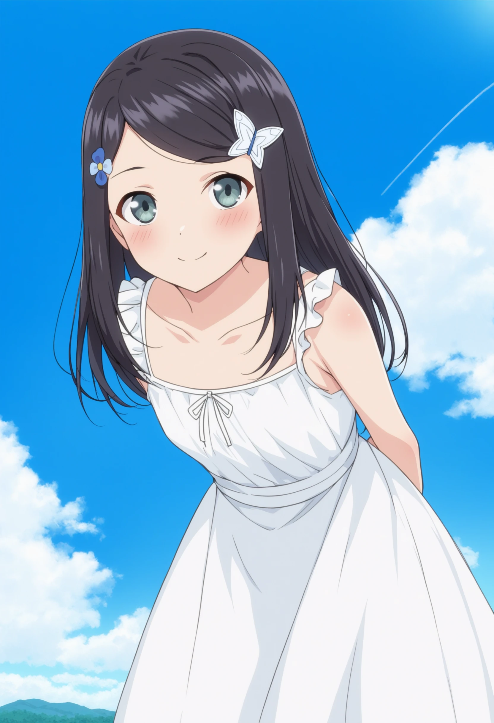 score_9, sysdeep_mitsuha, 1girl, solo, long_hair, looking_at_viewer, blush, smile, bangs, black_hair, hair_ornament, dress, closed_mouth, collarbone, outdoors, sky, day, hairclip, cloud, hair_flower, white_dress, blue_sky, grey_eyes, leaning_forward, swept_bangs, arms_behind_back, holding_flower, sundress, anime_coloring, <lora:Mitsuha Yamano - [Saving 80000 Gold in Another World for My Retirement] - Pony-XL Version 1:1>