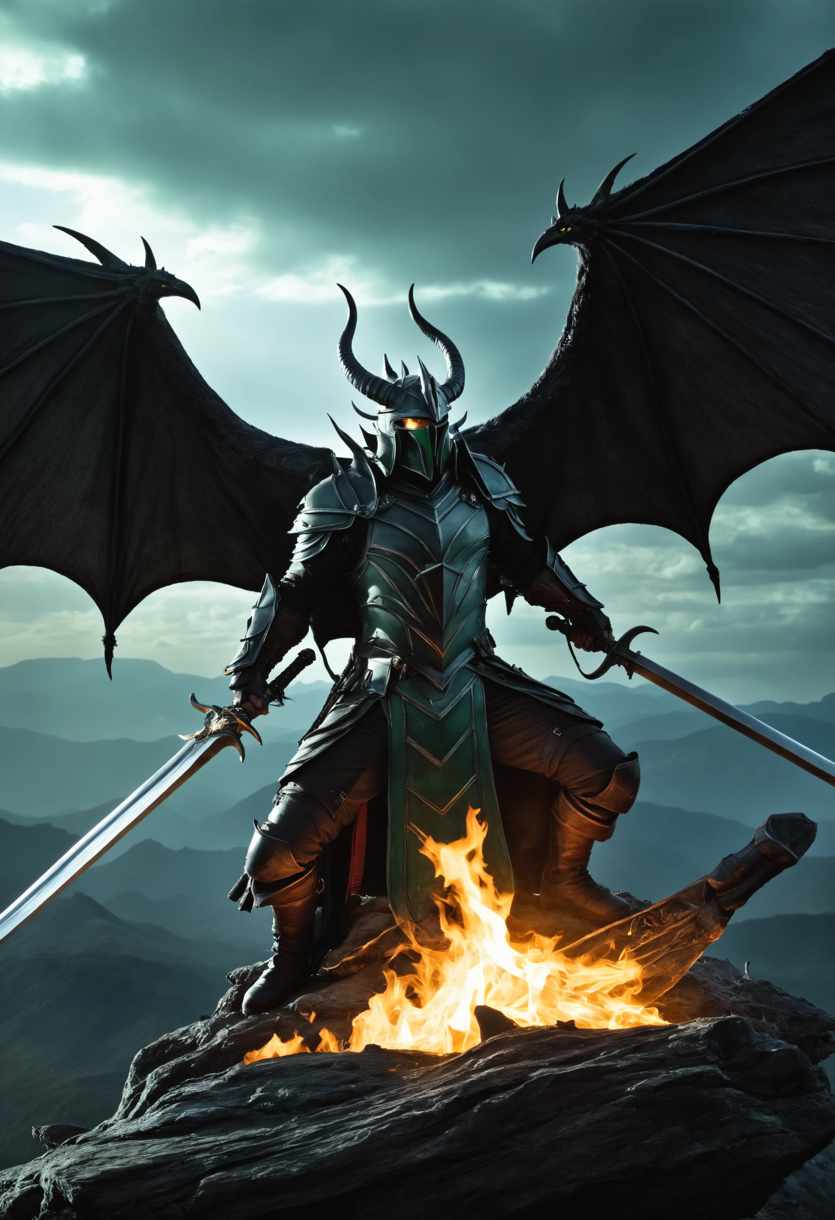 dread crown, dread ghost, Witch king of angmar, Kawin Akaworawit, dramatic, cinematic, volumetric deep shadows, natural reflections, dramatic, chaotic, death,arson,might,intricate details, greenish-weather, green lightning flame, ((Riding on top of wyvern by sitting behind its wings)),holding two-handed bastard sword, in style of Marvel Nebula, fireflies , depth of planes,flying:1.3, wings are coming out from wyvern's back, 1tail,ancient evil,