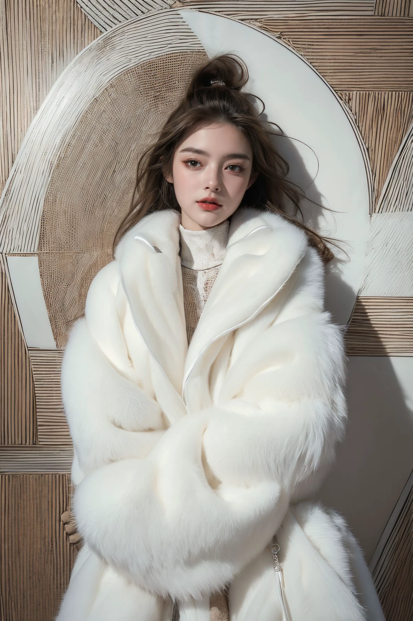 Asian Girl In White Fox Fur Coat, Knelling grabbing boobs under Fox Fur Coat. Sexy Eyes in a Hotel room.