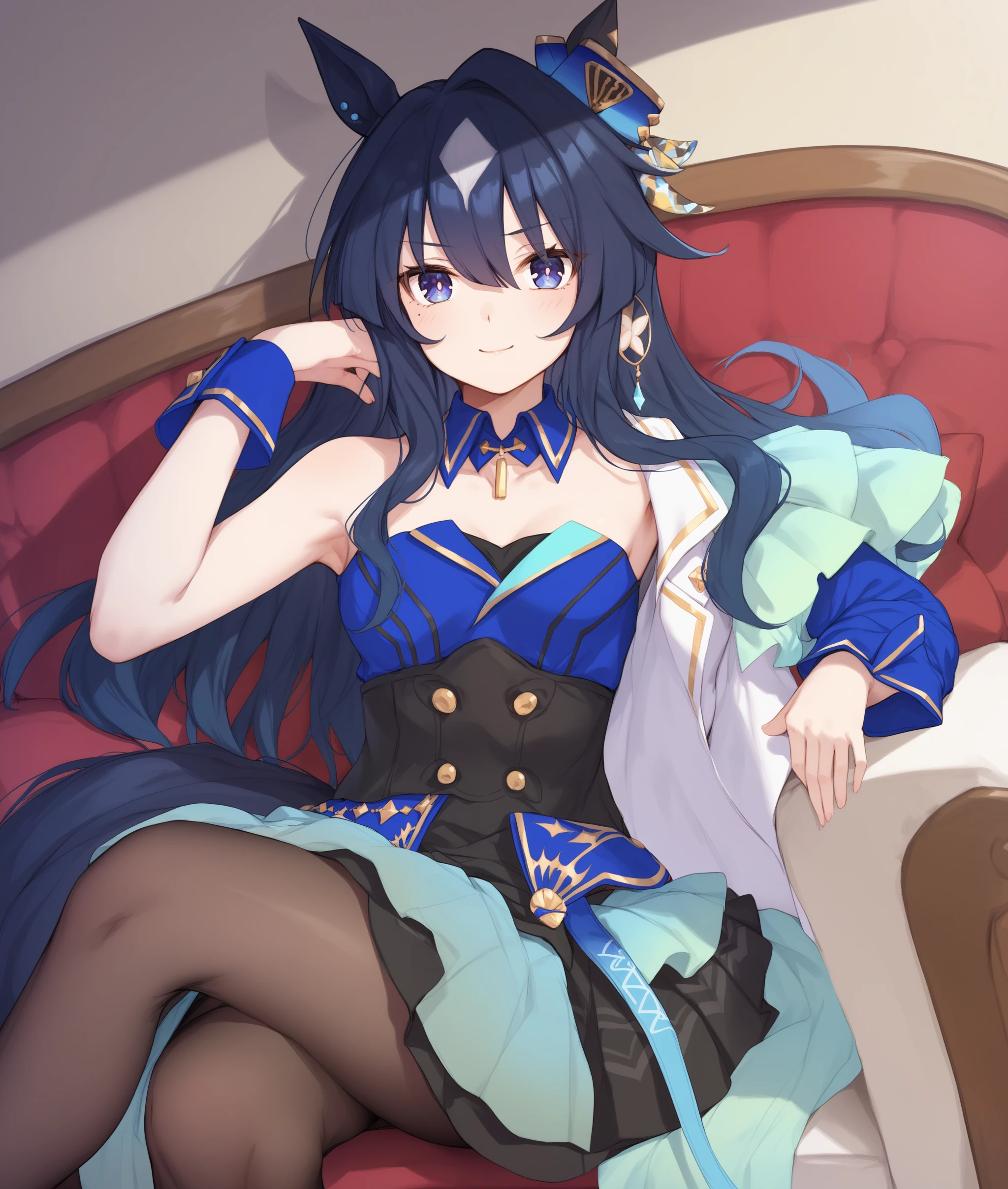 score_9, score_8_up, score_7_up BREAK
shobufuku, 1girl, solo, long hair, breasts, looking at viewer, bangs, blue eyes, skirt, dress, animal ears, hair between eyes, jewelry, sitting, closed mouth, blue hair, tail, pantyhose, small breasts, black skirt, armpits, arm up, black pantyhose, detached collar, horse ears, horse girl, horse tail, crossed legs, <lora:verxina-ponyXL:1>,
five fingers,