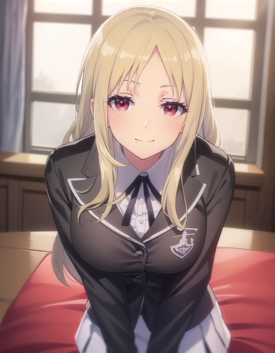 skshiki, <lora:sk shiki s1-lora-nochekaiser:1>,
shiki, long hair, bangs, blonde hair, hair ornament, (red eyes:1.3), sidelocks, hairclip, mole, (parted bangs:1.5), makeup, mole under mouth, eyeshadow,
BREAK shirt, long sleeves, ribbon, school uniform, jacket, white shirt, black ribbon, neck ribbon, buttons, grey jacket,
BREAK indoors, classroom,
BREAK looking at viewer, (cowboy shot:1.5), smile,
BREAK <lyco:GoodHands-beta2:1>, (masterpiece:1.2), best quality, high resolution, unity 8k wallpaper, (illustration:0.8), (beautiful detailed eyes:1.6), extremely detailed face, perfect lighting, extremely detailed CG, (perfect hands, perfect anatomy),