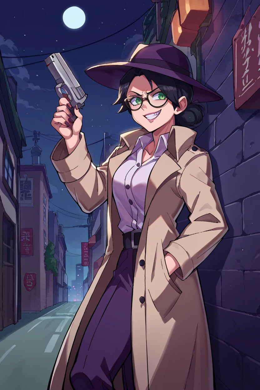 score_9, score_8_up, score_7_up, score_6_up, source_anime, BREAK 1girl, <lora:mspauling-pdxl-nvwls-v1-000008:1> mspauling, green eyes, black hair, glasses, medium breasts, purple fedora, trenchcoat, holding pistol, evil grin, city, night, alleyway