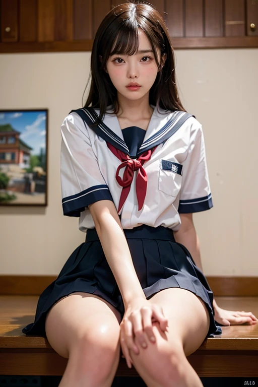 (best quality),(masterpiece),(photorealistic),(Realistic),(ultra high res, raw photo),(hdr, hyperdetailed),(8K),cinematic photo,photo of <lora:ichika_matsum_lora:1>,blush,black hair,brown eyes,medium hair,1girl,solo,wearing school uniform,white shirt, short sleeves,black skirt, serafuku,red neckerchief,sailor collar