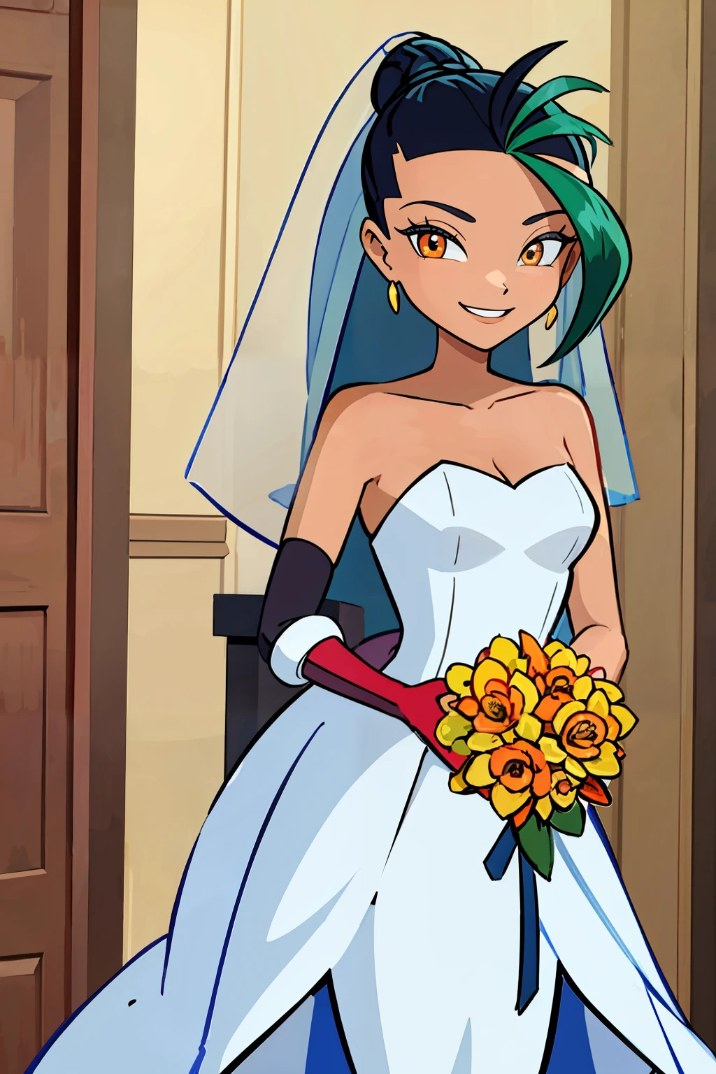 <lora:Winx_Club:0.7> ((masterpiece,best quality)), absurdres, <lora:Nemona_Pokemon:0.7>, Nemona_Pokemon, black hair, green hair, orange eyes, dark skin, multicolored hair, two-tone hair, hair pulled back, bride, wedding dress, bridal veil, strapless dress, elbow gloves, holding bouquet, solo, smiling, looking at viewer, cowboy shot, leaning forward,