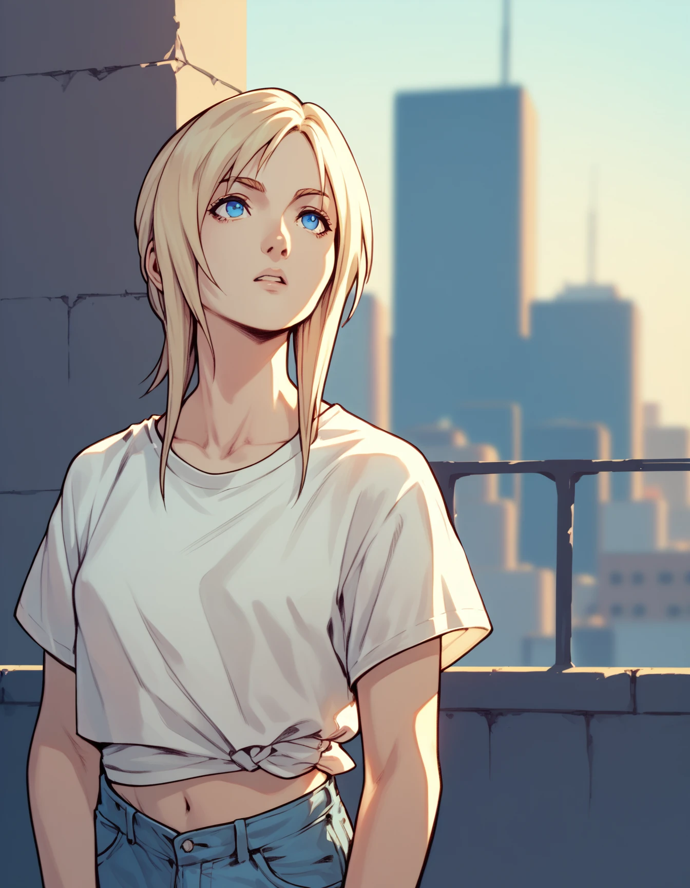 score_9, score_8_up, score_7_up, score_6_up, score_5_up, score_4_up
<lora:aya-brea-ponyxl-000020:1> aya brea, blue eyes, blonde hair, white shirt, t-shirt, midriff, jeans,
blue sky, city, hand in pocket, looking up, wall