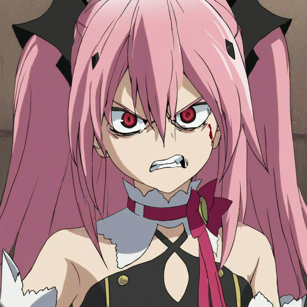 a girl, krul, pink hair, she gets angry, with a bloody corpse in the background