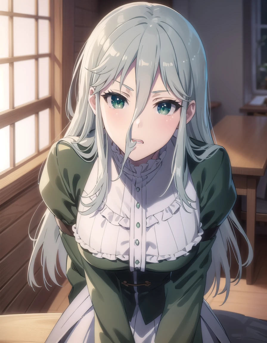 gekkosenko, <lora:sk gekko senko s1-lora-nochekaiser:1>,
senko, long hair, hair between eyes, (green eyes:1.3), grey hair,
BREAK bow, school uniform, serafuku, long sleeves, puffy sleeves, grey serafuku,
BREAK indoors, classroom,
BREAK looking at viewer, (cowboy shot:1.5),
BREAK <lyco:GoodHands-beta2:1>, (masterpiece:1.2), best quality, high resolution, unity 8k wallpaper, (illustration:0.8), (beautiful detailed eyes:1.6), extremely detailed face, perfect lighting, extremely detailed CG, (perfect hands, perfect anatomy),