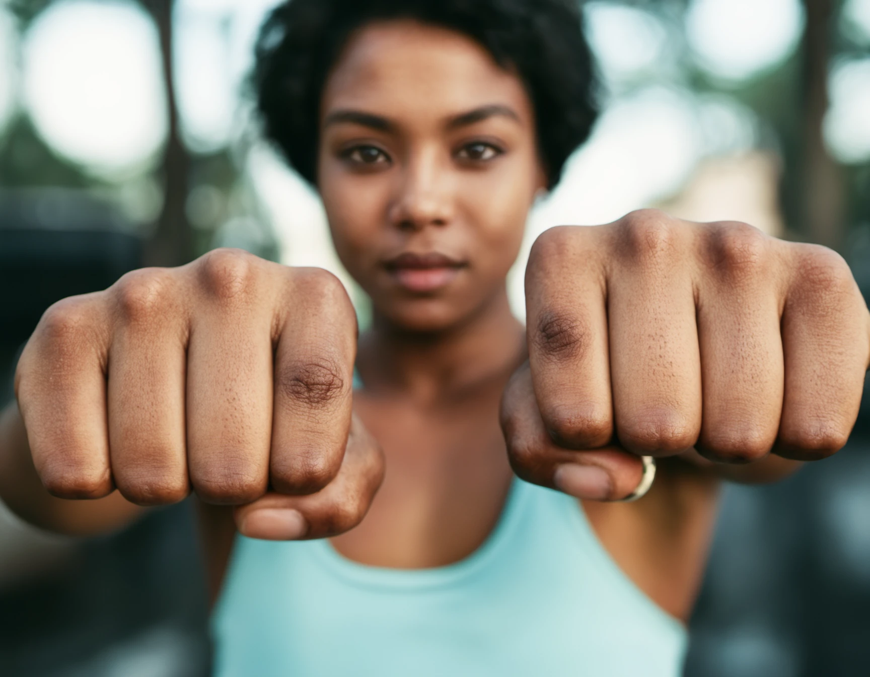 fist, realistic, black hair, blurry, male focus, 1boy, 1girl, ring, tank top, jewelry, dark skin, punching, looking at viewer, short hair, depth of field, upper body, clenched hands, RAW candid cinema, 16mm, color graded portra 400 film, remarkable color, ultra realistic, textured skin, remarkable detailed pupils, realistic dull skin noise, visible skin detail, skin fuzz, dry skin, shot with cinematic camera