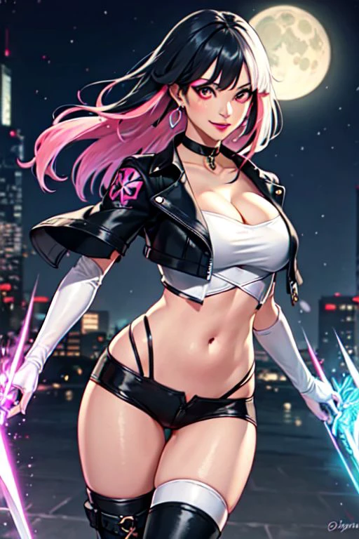 Luna_Snow, 1girl, solo, looking at viewer, smile, black hair, jewelry, white shirt, upper body, pink hair, earrings, lips, streaked hair, makeup, ring, heterochromia eyes, choker, thighhighs, navel, cleavage, medium breasts, black cropped jacket, boots, elbow gloves, midriff, necklace, black footwear, white thighhighs, knee boots, weapon, armor,
