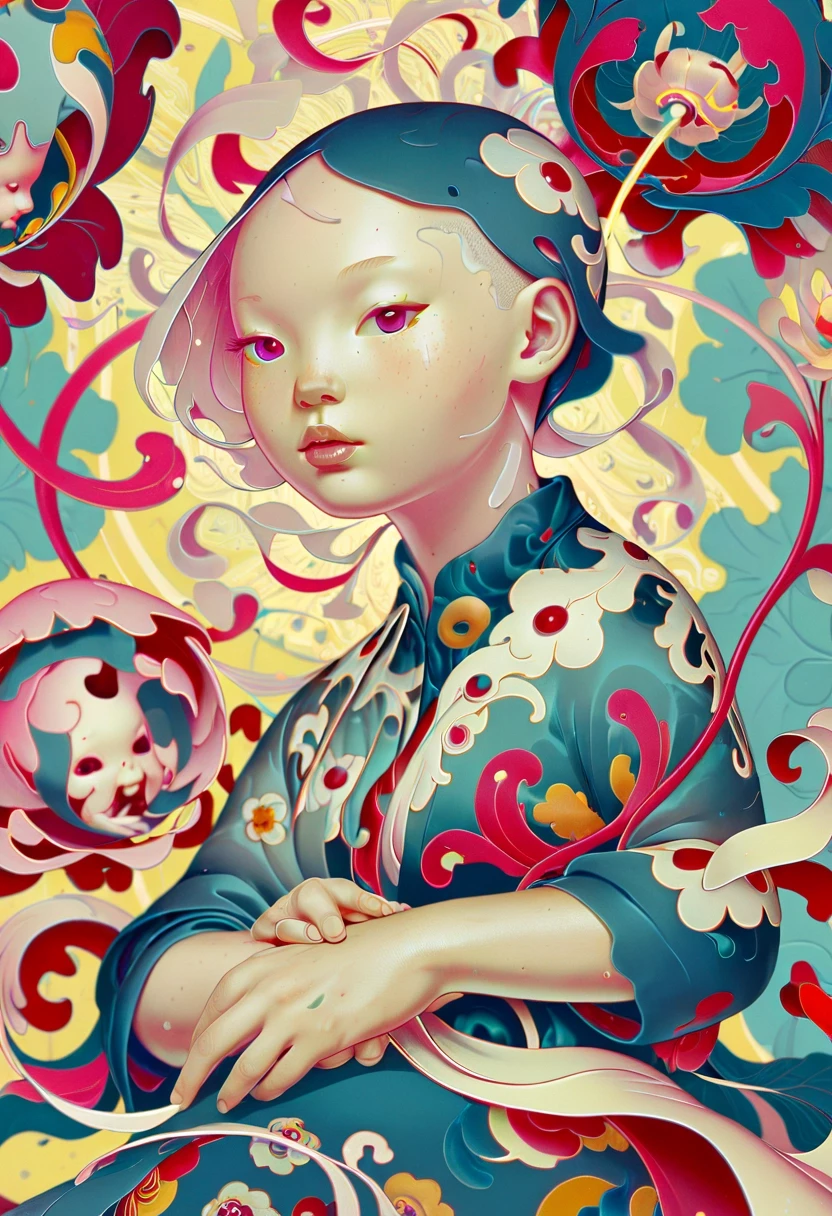 JamesJean; Illustration, Painting; cinematic photo surrealist art An award-winning octane render captures Mythical overweight JamesJean in an illustration rendered in a painterly style. The central figure is a woman who exudes a mysterious allure with her wicked smile. Her appearance is further accentuated by her glistening trinkets, which shimmer under the soft moonlight. The image is shot at f/14 using Kodak Ektar film stock, lending it a nostalgic feel reminiscent of Claude Monet's works. The overall composition and attention to detail make this artwork truly exceptional. . dreamlike, mysterious, provocative, symbolic, intricate, detailed . 35mm photograph, film, bokeh, professional, 4k, highly detailed