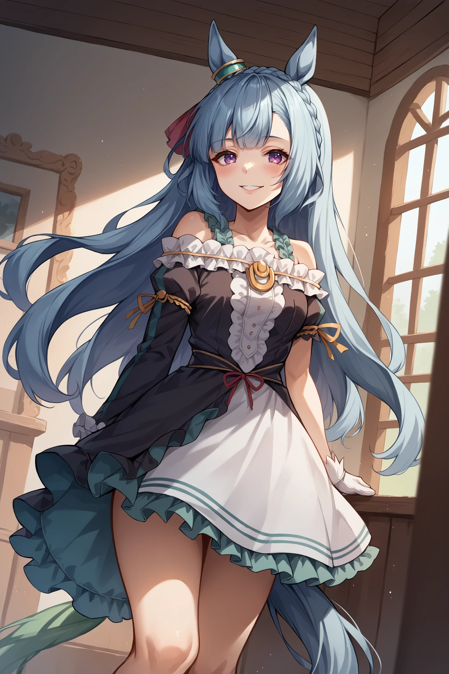 score_9, score_8_up, score_7_up, , rating_general ,1girl , ards, crown braid, horse ears, ear ornament, frills, off-shoulder dress, uneven sleeves, asymmetrical gloves, horse tail, mismatched footwear, dynamic angle , source_anime    ,  cowboy shot, indoors, naughty face, smile, night, outdoors, <lora:ArdanPDCAME UMA:1>