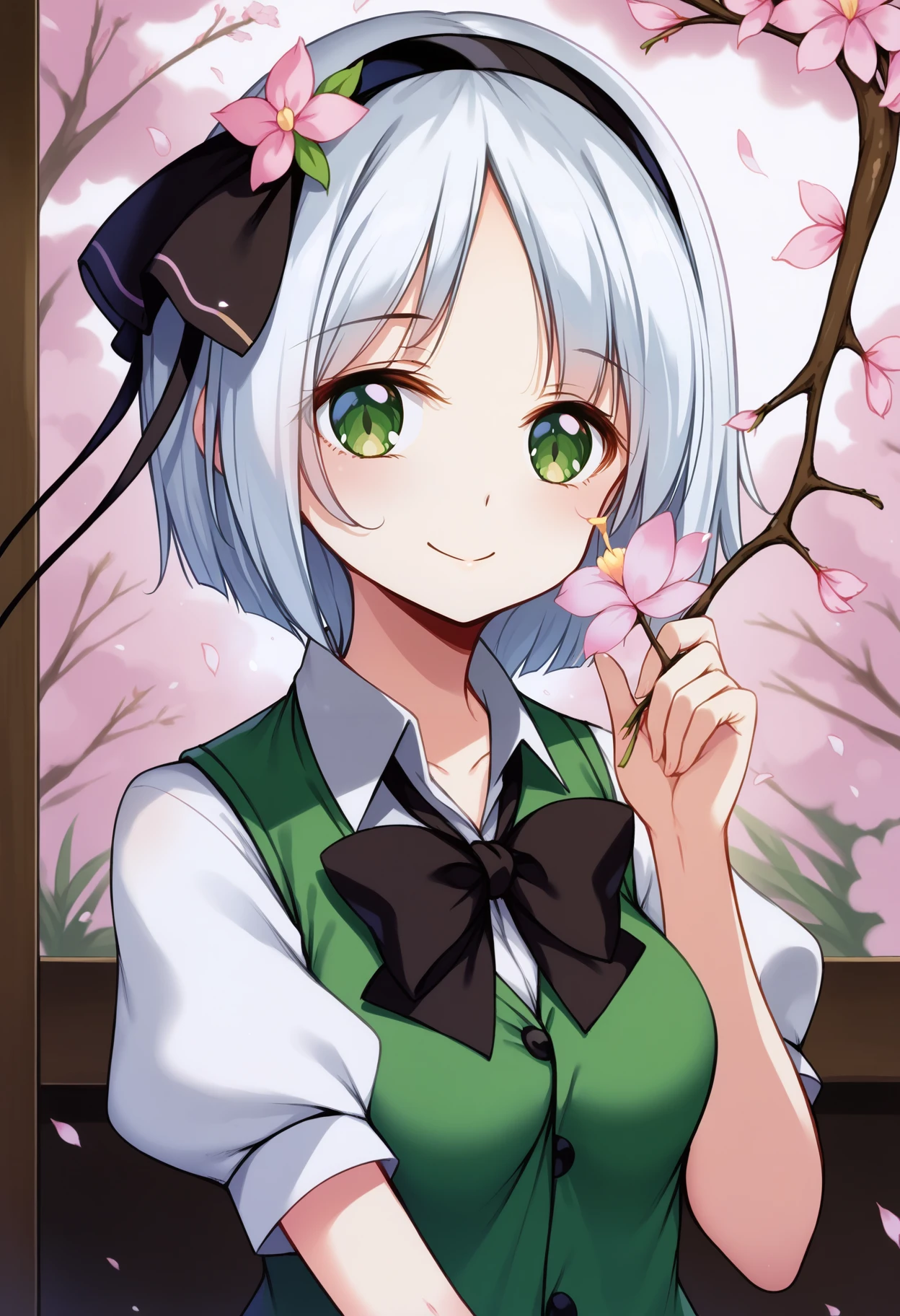 score_9, best quality, masterpiece, uncensored, source_anime
BREAK
1girl, solo, breasts, looking at viewer, blush, smile, short hair, bangs, shirt, bow, ribbon, holding, medium breasts, closed mouth, green eyes, hair ribbon, white shirt, upper body, flower, white hair, short sleeves, hairband, puffy sleeves, collared shirt, hand up, bowtie, vest, puffy short sleeves, petals, black ribbon, black bow, black hairband, cherry blossoms, pink flower, black bowtie, branch, hitodama, green vest, konpaku youmu, konpaku youmu (ghost)
<lora:ke-ta_pony_v5:1>