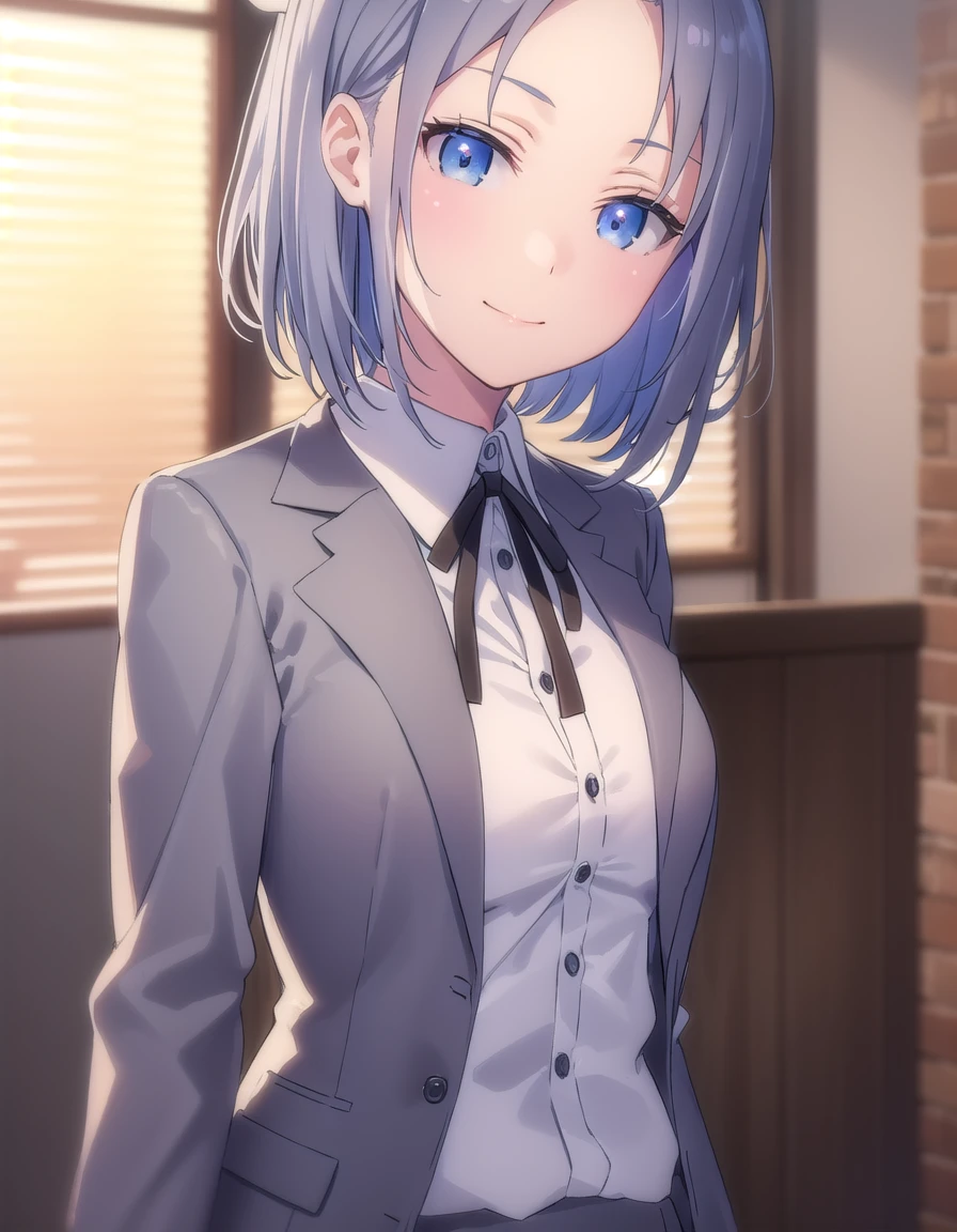 skyumi, <lora:sk yumi s1-lora-nochekaiser:1>,
yumi, short hair, blue eyes, grey hair, hair bow, (parted bangs:1.5),
BREAK shirt, long sleeves, ribbon, school uniform, jacket, white shirt, black ribbon, neck ribbon, buttons, grey jacket,
BREAK indoors, classroom,
BREAK looking at viewer, (cowboy shot:1.5), smile,
BREAK <lyco:GoodHands-beta2:1>, (masterpiece:1.2), best quality, high resolution, unity 8k wallpaper, (illustration:0.8), (beautiful detailed eyes:1.6), extremely detailed face, perfect lighting, extremely detailed CG, (perfect hands, perfect anatomy),