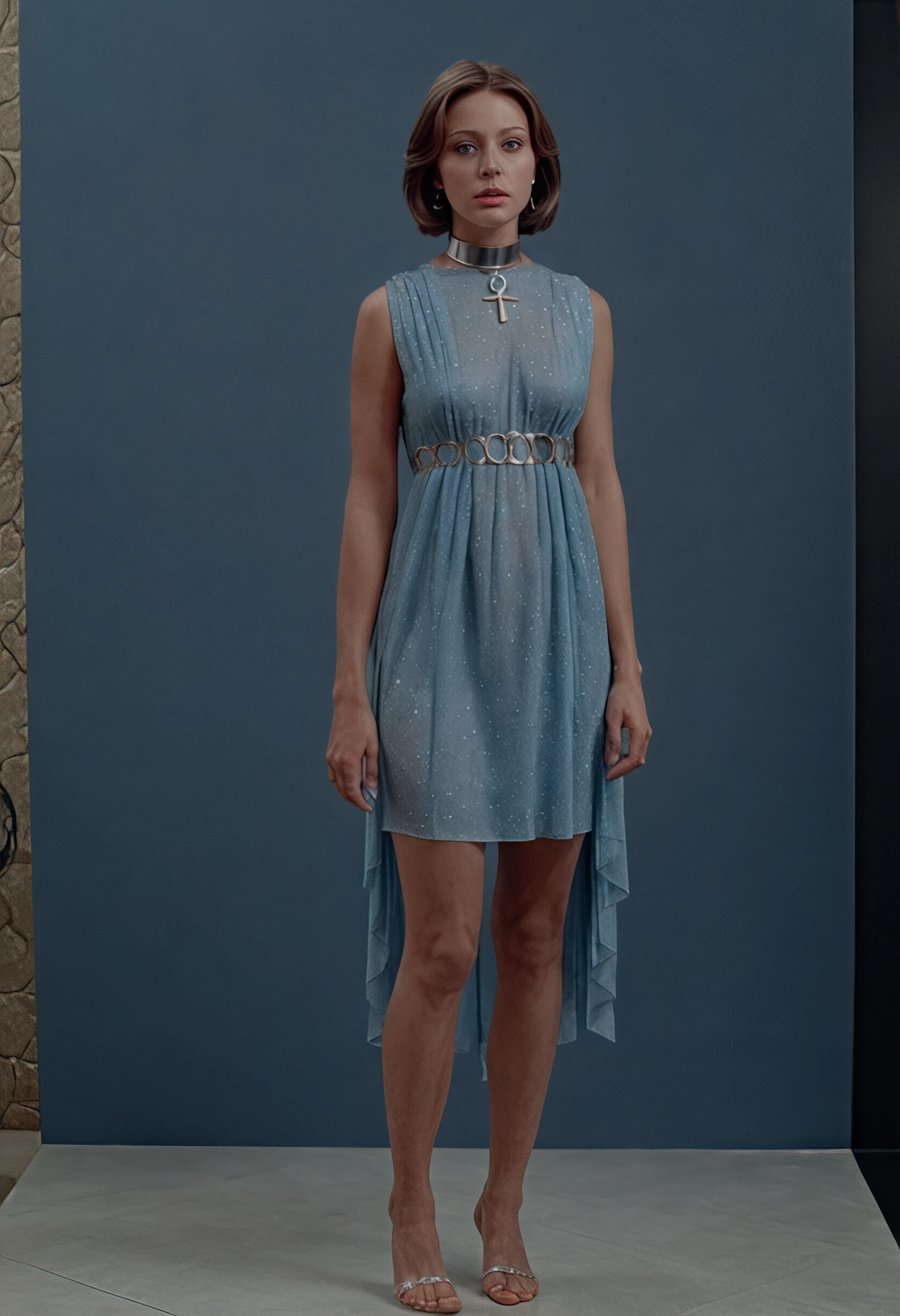 very detailed, masterpiece, intricate details, UHD, 8K cinematic still of full body, jenny_elegant, a sexy woman in a blue dress, silver collar with ankh,