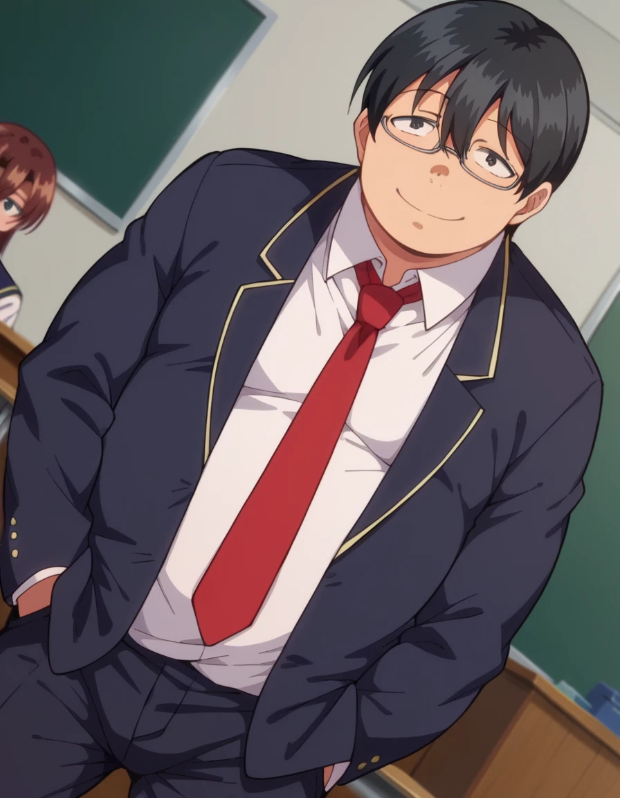 score_9, score_8_up, score_7_up, source_anime,
tazaki, <lora:tazaki-ponyxl-lora-nochekaiser:1>
tazaki, male focus, black hair, black eyes, glasses, hair between eyes, fat, smile,
school uniform, blazer, necktie, shirt, white shirt, collared shirt, pants,
indoors, classroom,
looking at viewer, cowboy shot, dutch angle,