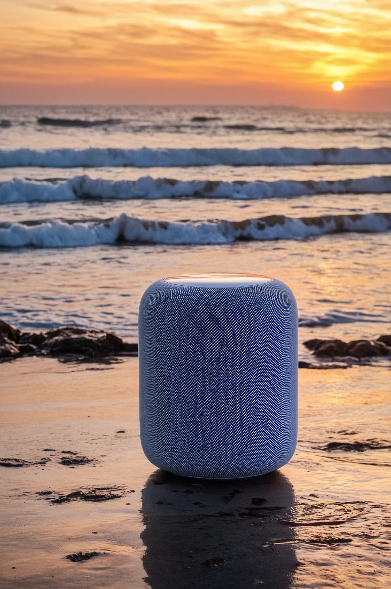 product picture of a (sp3ak3r, This image features a small, white speaker or speaker system:1.1). 
sunset backdrop, ocean, mirror-like water, surreal environment, midnight sun, vibrant sky colors, reflection on water, beach, waves, sharp contrasts, untouched wilderness, nature meets technology