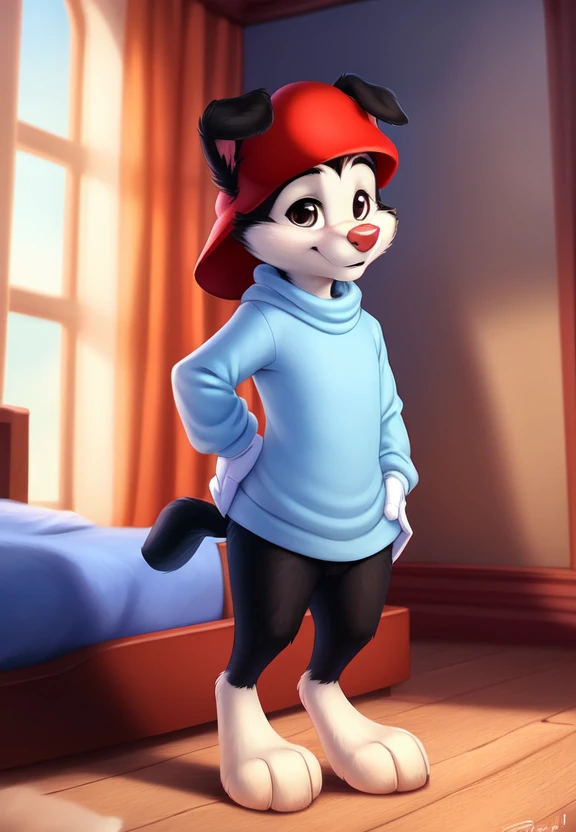 <lora:wakkoWornCartYif:1>     solo,   looking at viewer,  wakkoWornCartYif,  dog, red cap, blue T-shirt, White gloves, a long tail,
(beautiful, aesthetic, perfect, delicate, intricate, masterpiece, )  textured fur, [Room, bed, blanket, pillows,]  (Hands on hips, standing,)
[by personalami], by smitty g, [[[by Foxovh]]], [[by Ross Tran]]