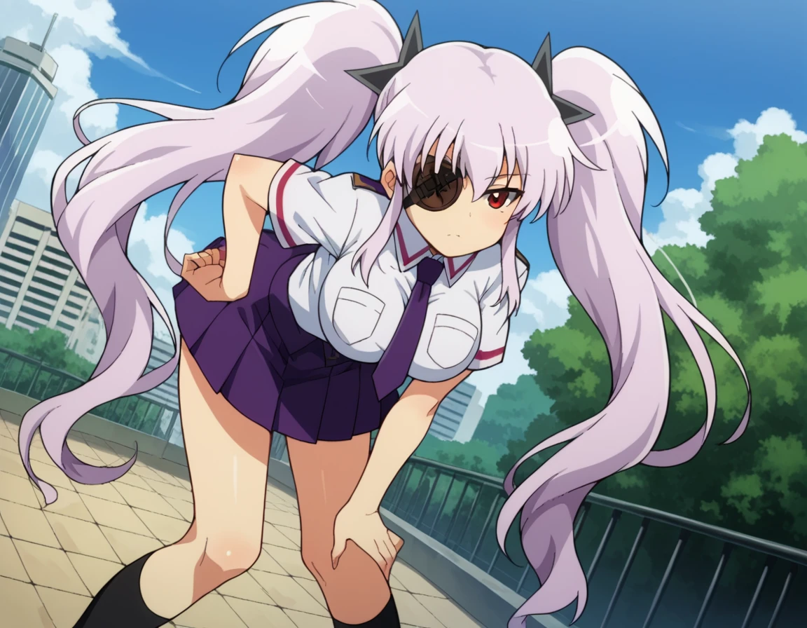 score_9, score_8_up, score_7_up, source_anime,
skyagyu, <lora:sk-yagyu-ponyxl-lora-nochekaiser:1>
yagyu, long hair, red eyes, twintails, white hair, eyepatch, large breasts,
skirt, school uniform, necktie, socks, purple skirt, short sleeves,
outdoors, cityscape, bent over,
looking at viewer, dutch angle, cowboy shot