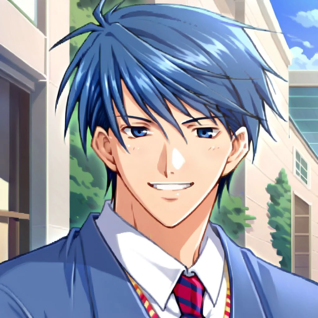 score_9, score_8_up, score_7_up, schooljade, 1boy, solo, blue eyes, blue hair, school uniform, necktie, striped necktie, jacket, smile, looking at viewer