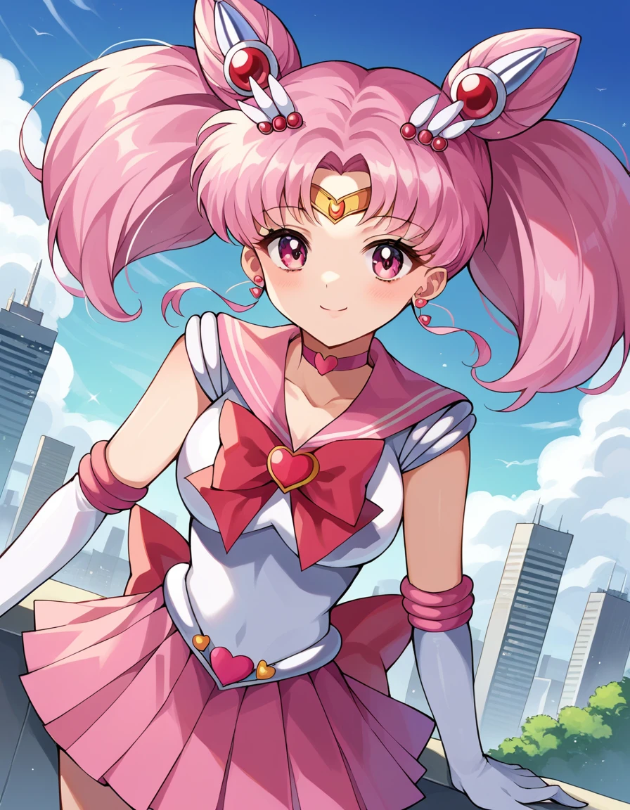 score_9, score_8_up, score_7_up, source_anime,
sailormoonchibi, <lora:sailor-moon-chibi-ponyxl-lora-nochekaiser:1>
sailor moon chibi, cone hair bun, double bun, hair bun, hair ornament, pink eyes, pink hair, short hair, twintails, circlet, parted bangs, smile,
bow, brooch, choker, earrings, elbow gloves, gloves, heart, heart brooch, magical girl, pink bow, pink choker, pink sailor collar, pink skirt, pleated skirt, sailor collar, sailor senshi uniform, skirt, stud earrings, white gloves,
outdoors, cityscape,
looking at viewer, dutch angle, cowboy shot