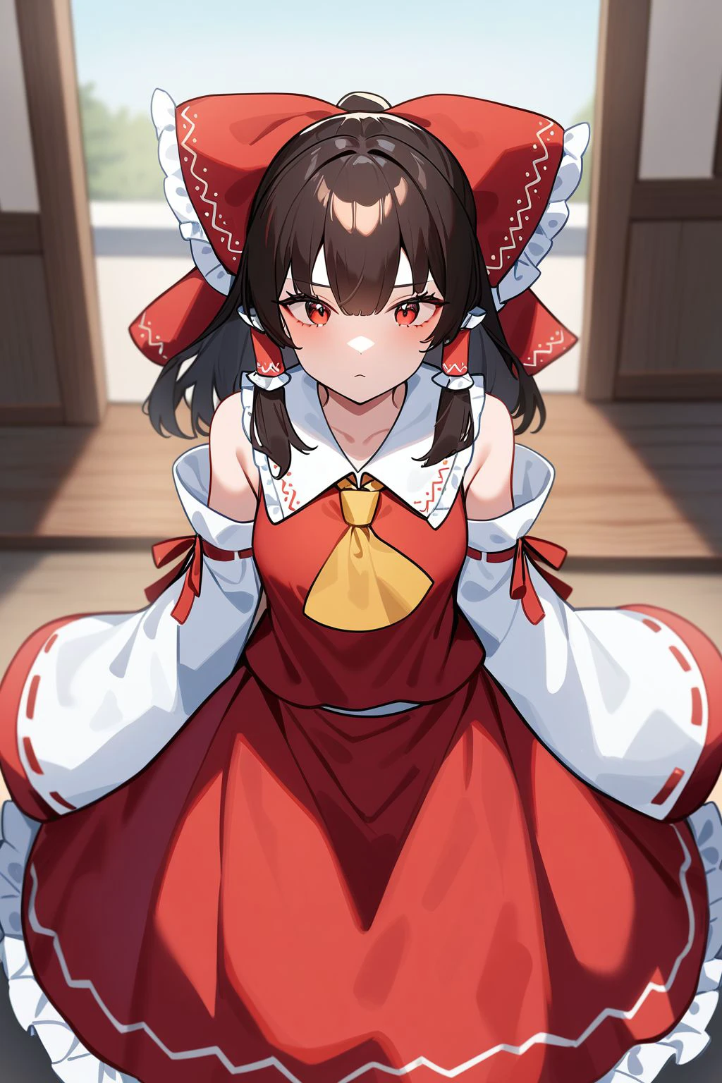 hakurei_reimu,1girl,solo,detached sleeves,hair bow,red bow,ascot,hair tubes,skirt,frills,red skirt,yellow ascot,wide sleeves,standing,frilled bow,red shirt,frilled skirt,ribbon-trimmed sleeves,frilled shirt collar,bare shoulders,red vest,petticoat,nontraditional miko,, <lora:hakurei_reimu XL:1>, Standing on the ground,frontal,front view,Positive por,masterpiece,best quality,very aesthetic,absurdres