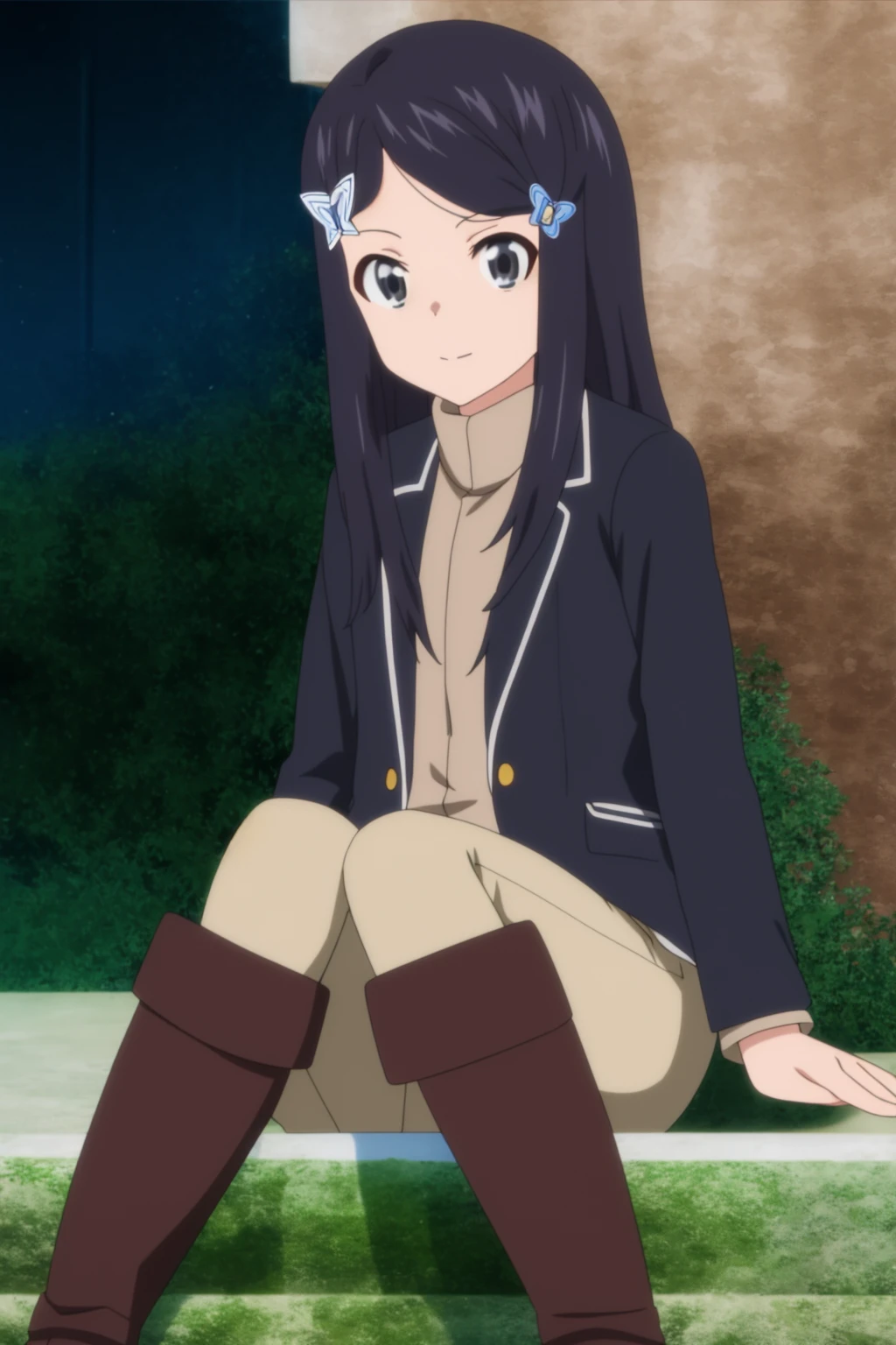 sysdeep_mitsuha, 1girl, long_hair, brown_hair, black_hair, hair_ornament, sitting, jacket, boots, hairclip, pants, black_eyes, shiny_hair, brown_footwear, knee_boots, white_pants, anime_coloring