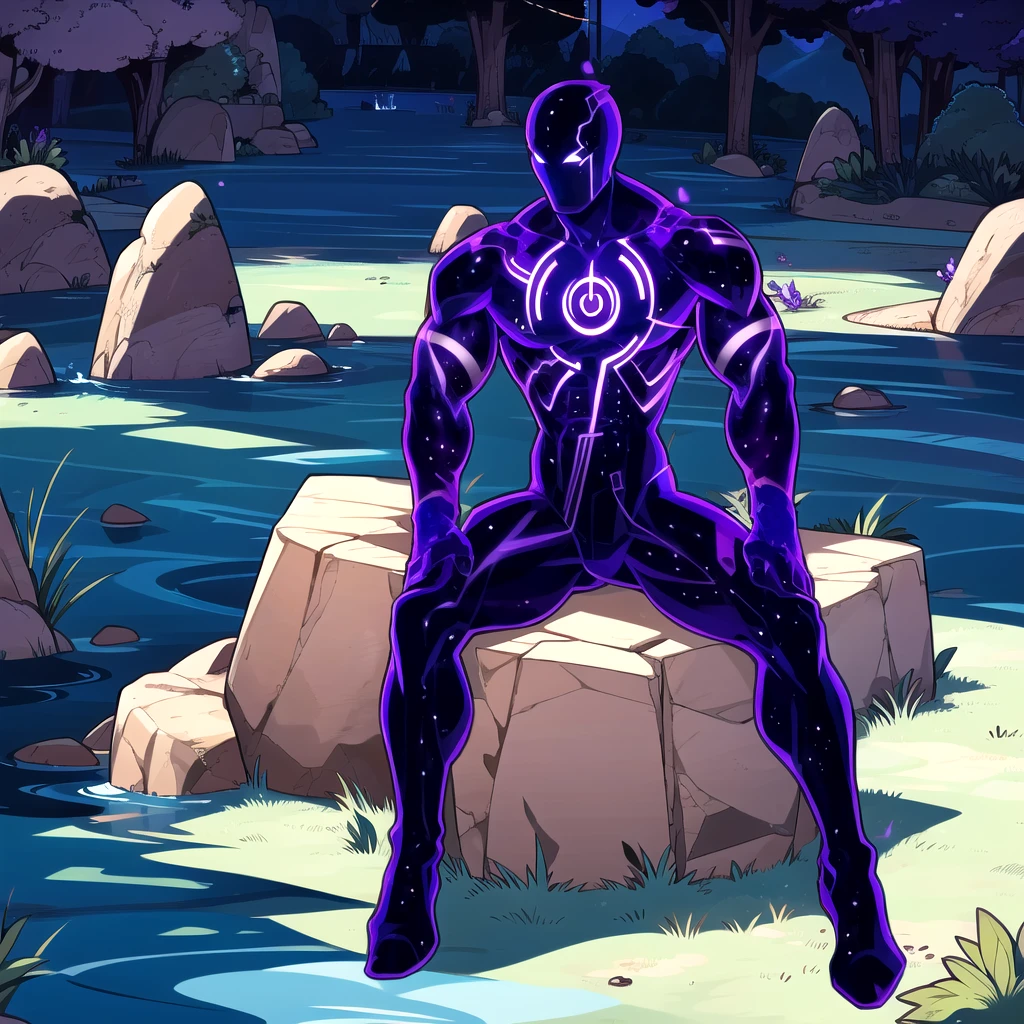 TypeVoid, solo, no humans, faceless, purple skin, muscular, abs, purple theme,  <lora:Apocalypse_Type_Void_Elsword_Leaf1:0.8>, sitting, sitting on rock