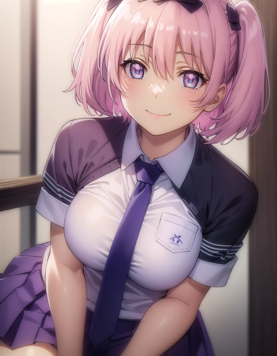 skhibari, <lora:sk hibari s1-lora-nochekaiser:1>,
hibari, short hair, bow, twintails, pink hair, hair bow, symbol-shaped pupils, short twintails, blue eyes,
BREAK skirt, bow, school uniform, necktie, purple skirt,
BREAK outdoors, classroom,
BREAK looking at viewer, (cowboy shot:1.5), smile,
BREAK <lyco:GoodHands-beta2:1>, (masterpiece:1.2), best quality, high resolution, unity 8k wallpaper, (illustration:0.8), (beautiful detailed eyes:1.6), extremely detailed face, perfect lighting, extremely detailed CG, (perfect hands, perfect anatomy),