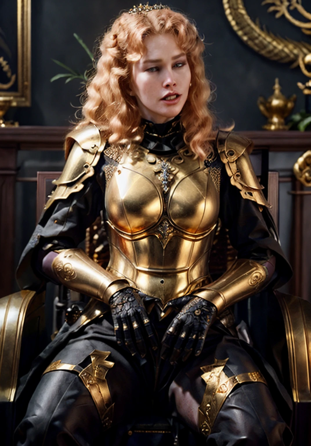 A very beautiful queen serenz432, full metal gold armor, sitting on a black throne made of gold, ginger hair, with a serpent-dragon like elements and design, intricate details, dramatic lighting, hyperrealism, photorealistic, cinematic, 8k sharp focus, unreal engine 5 effects--niji 5, style expressive, <lora:serenz432-14:1>,