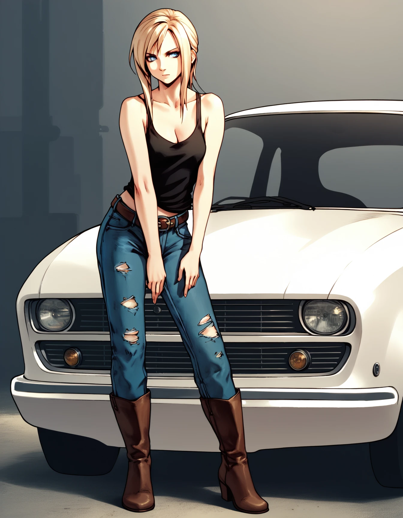 score_9, score_8_up, score_7_up, score_6_up, score_5_up, score_4_up
<lora:aya-brea-ponyxl-000020:1> aya brea, blue eyes, bare arms, bare shoulders, black shirt, cleavage, denim, belt, jeans, leather, midriff, tank top, torn jeans, brown footwear, boots,
car, vehicle focus