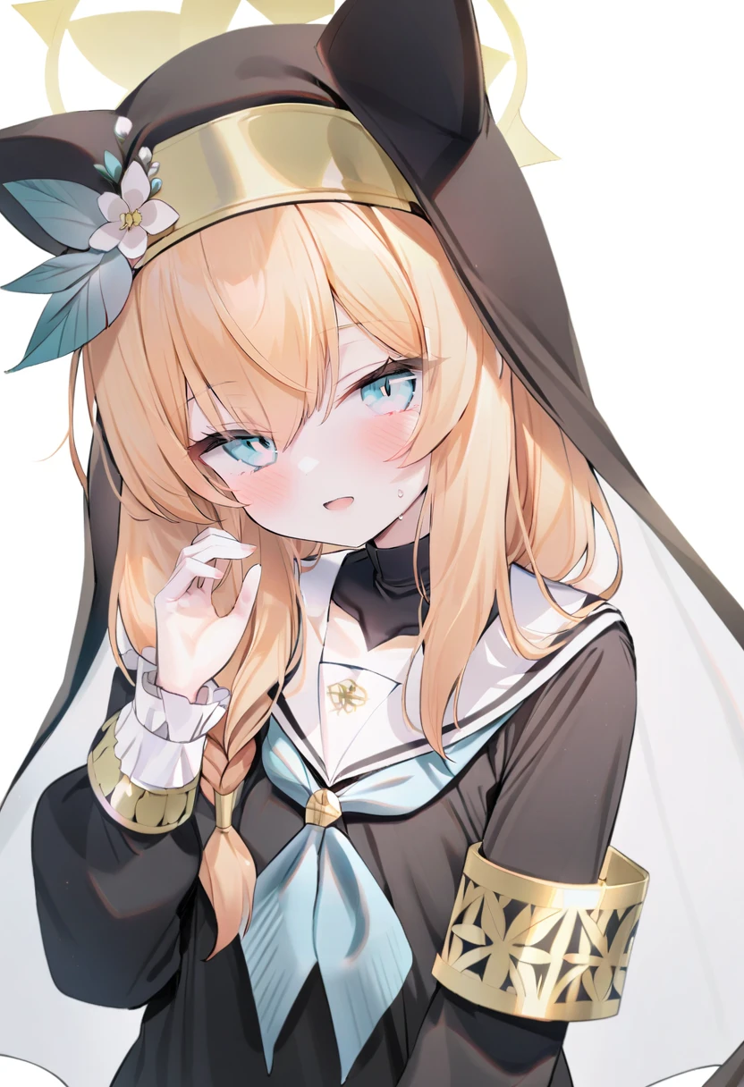 masterpiece, best quality, <lora:caoXL_ANI31_lokr_V2233:0.95> 1girl, mari \(blue archive\), solo, blue eyes, halo, animal ear headwear, smile, looking at viewer, flower, neckerchief, long hair, braid, hat flower, nun, sailor collar, habit, long sleeves, simple background, orange hair, white background, upper body, blue neckerchief, bangs, blush, hand up, white sailor collar, single braid, hat, parted lips, hair between eyes, armband, puffy sleeves