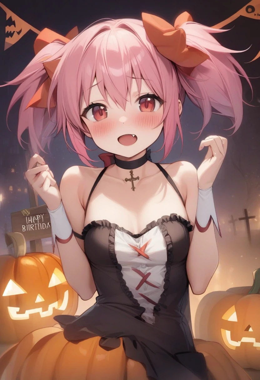 masterpiece,best quality,very aesthetic,absurdres,<lora:kaname_madoka:1>,1girl, bad_id, bad_pixiv_id, blush, choker, cross, fang, hair_ornament, halloween, happy_birthday, jack-o'-lantern, kaname_madoka, looking_at_viewer, pink_hair, pumpkin, red_eyes, short_hair, short_twintails, solo