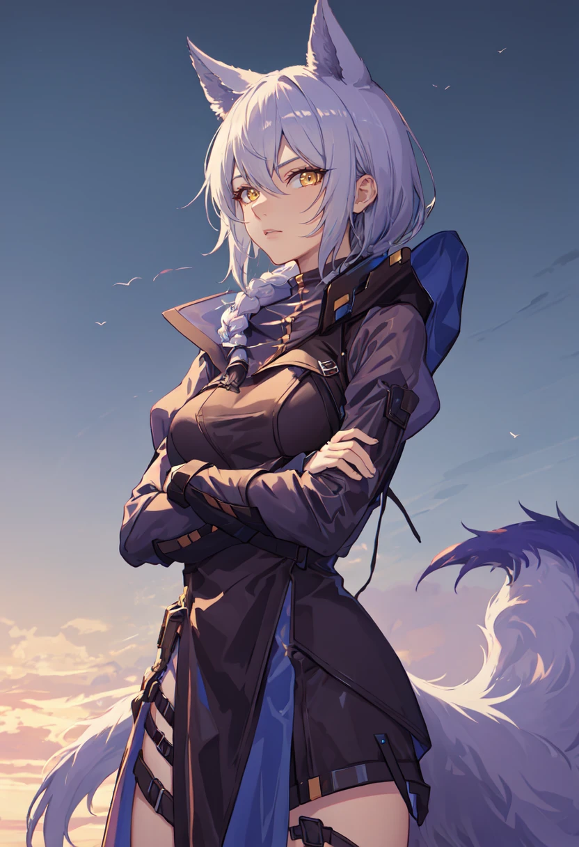 (safe:1.10), best quality, masterpiece, highres, solo, (provence_arknights:1.10), crossed arms, cowboy shot, looking at viewer, 27 <lora:provence_arknights:0.80>