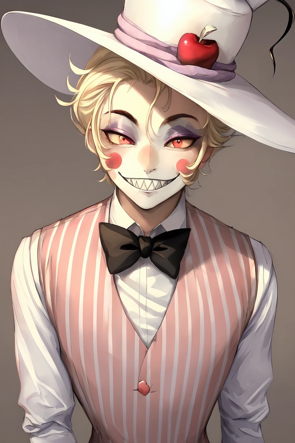 (masterpiece), best quality, (perfect face, blush stickers, grin, sharp teeth, colored skin, makeup), 1boy, male focus, solo, (blonde hair, short hair), (top hat, apple, hat, white headwear), (white coat, long sleeves, striped vest, suit, bowtie), (red eyes, yellow sclera, colored sclera,) <lora:Lucifer-003:0.8>