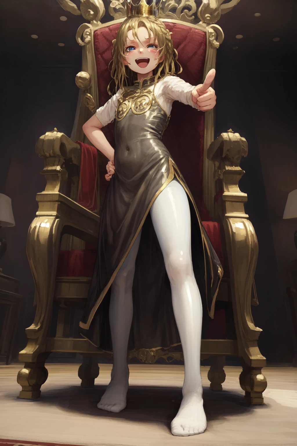 (masterpiece, best quality:1.2),
1girl, (laughing, open mouth:1.2), tearing up, (pointing at viewer, foreshortening:1.2), blonde hair, braided bangs, long hair, gold mini crown, blue eyes, forehead, flat chest BREAK
black dress, white pantyhose, no shoes BREAK
standing, (full body:1.2), from below, (hand on own hips:1.1), throne room, luxurious living room