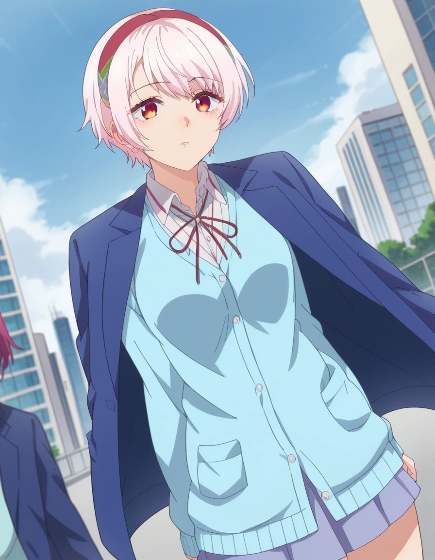 score_9, score_8_up, score_7_up, source_anime,
renanatsukawa, <lora:rena-natsukawa-ponyxl-lora-nochekaiser:1>
rena natsukawa, short hair, hairband, pink hair, red eyes, red hairband,
skirt, shirt, jacket, collared shirt, neck ribbon, jacket on shoulders, white shirt, cardigan, blue cardigan, blue jacket,
outdoors, cityscape,
looking at viewer, cowboy shot, dutch angle,