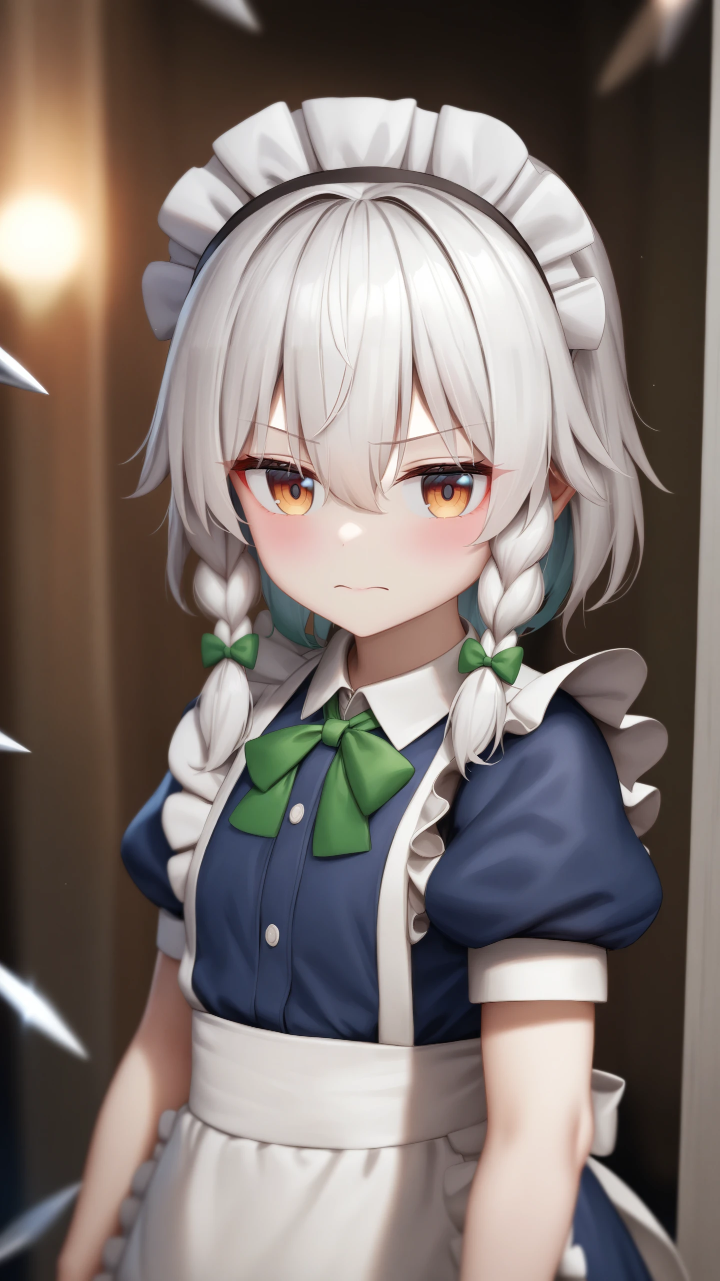surreal,amazing quality,masterpiece,best quality,awesome,inspiring,cinematic composition,soft shadows,Film grain,shallow depth of field,highly detailed,high budget,cinemascope,epic,color graded cinematic,atmospheric lighting,imperfections,natural,shallow dof,
1girl, izayoi sakuya, touhou, solo, maid headdress, maid, apron, short sleeves, dress, closed mouth, white apron, looking at viewer, maid apron, puffy short sleeves, frills, puffy sleeves, black dress, frilled apron, hair between eyes, outdoors, blush, throwing knives, knives, serious face, upper body, masterpiece, best quality, very aesthetic, absurdres