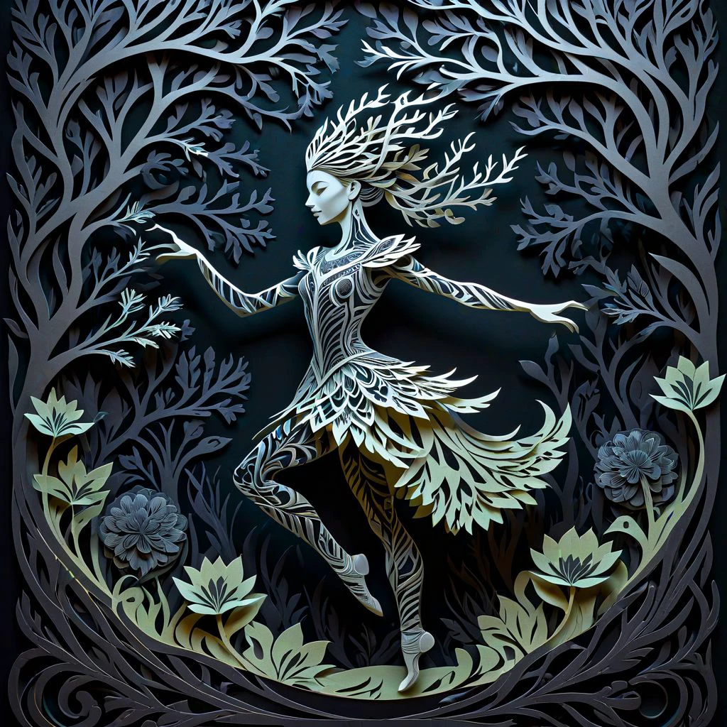 artpkplnt, illustration, dancer in the dark, 4k, uhd, warlock, masterpiece, Artpprct, in the style of papercutting, relief carving, nature, oittppts