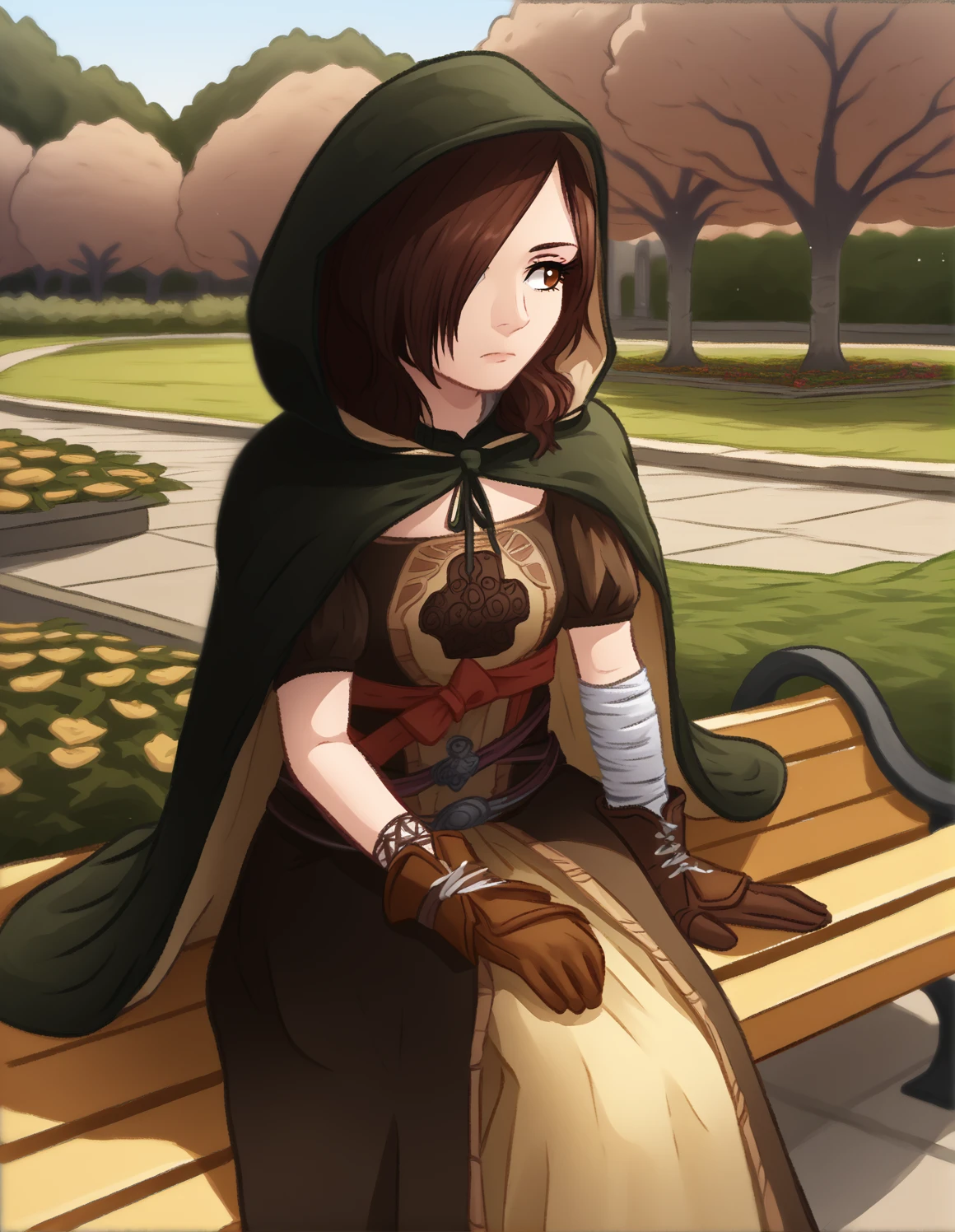 score_9, emeraldhar, rating_safe, 1girl,  <lora:Emerald_Herald_Clip_1:1>, solo, hair over one eye, brown eyes, brown hair, garden, sitting, bench, cape, (hood:1.1), hooded cloak, brown gloves, dress, bandages, park, <lora:!SDXL greatm8Pony_locon_e16 test:1>