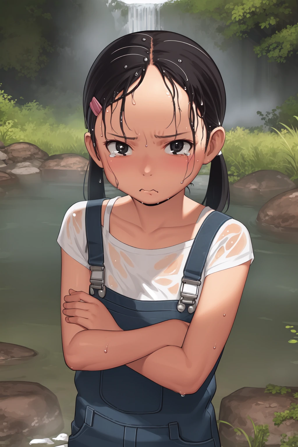 (masterpiece, best quality:1.2), 1girl, looking at viewer, :t, pout, angry, tearing up, black eyes, black hair, twintails, hairclip, flat chest BREAK white t-shirt, pink overalls, crossed arms BREAK (partially submerged:1.1), (wet, wet clothes, dripping), forest, river