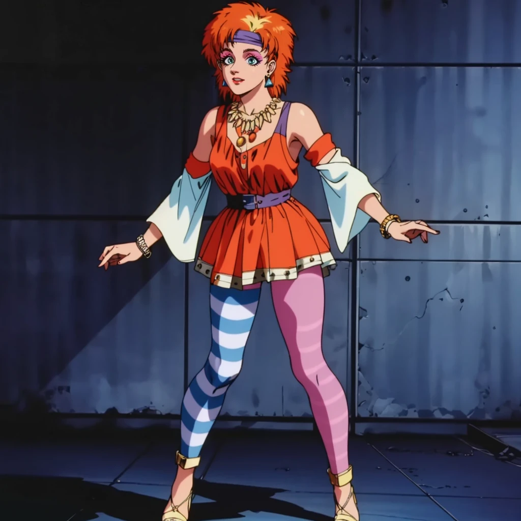 <lora:MZ2CindyArper001:0.7>,
solo,
MZ2CindyArper,1girl,orange hair,short hair,eyeshadow,aqua eyes,1980s (style),
headband,necklace,
dress,detached sleeves,
shorts,pantyhose,striped pattern,
full body,standing,