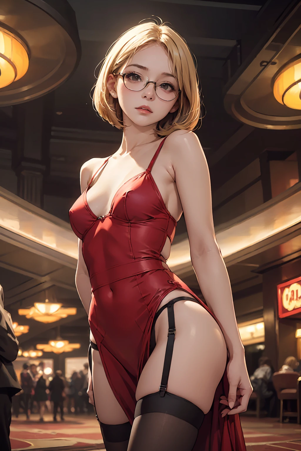 (detailed realistic background:1), (official art, beautiful and aesthetic:1), realistic lighting, cinematic lighting, hyperrealism, soothing tones, muted colors, high contrast, soft light, sharp, artistic photoshoot, (cute, petite), slender, pale cheeks, square face shape with angular jaw, natural "no-makeup" makeup, big breasts, blonde hair, bob cut, red dress, round glasses, ahoge, thighhighs, black underwear, panties, black panties, garter straps, standing, people, ((girl in casino lobby, many people behind))