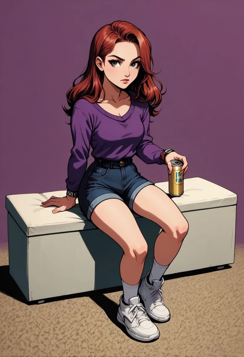 score_9, score_8_up, score_7_up, score_6_up, pptlszxl, 1girl, can, cleavage, full body, holding, long hair, looking at viewer, purple sweater,  shoes, shorts, sitting, sneakers, socks, solo, sweater, v-neck, watch, white footwear, wristwatch, pop art, halftone printing, retro art style, flat color, risograph printing, screenprint technique