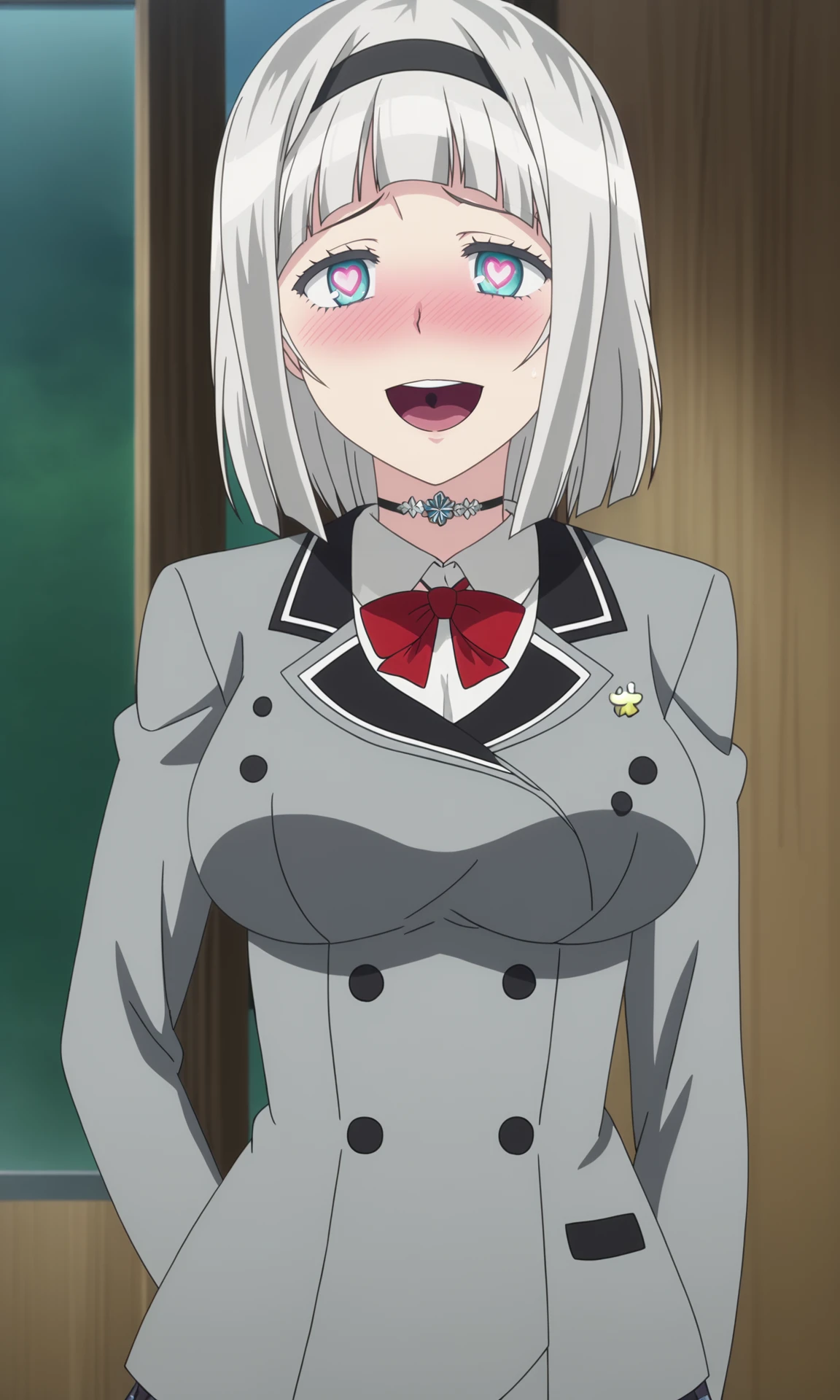 1girl, solo, masterpiece, best quality,  detailed face,detailed body,anime screencap,
 <lora:AnnaNishikinomiya_16XL:1> shimoneta, anna_nishikinomiya, 1girl, solo, short hair, grey hair, hairband, blush,  choker, breasts, large breasts, school uniform,yandere,open mouth,heart pupils,