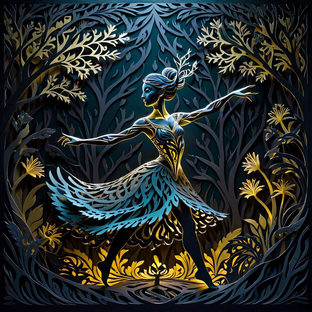 artpkplnt, illustration, dancer in the dark, 4k, uhd, warlock, masterpiece, Artpprct, in the style of papercutting, relief carving, nature, oittppts