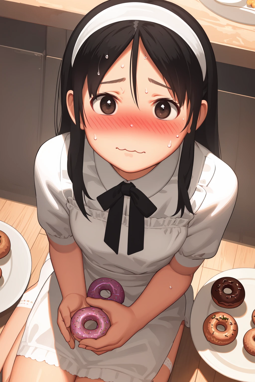 (masterpiece, best quality:1.2),
1girl, (puffy cheeks:1.4), (:3, surprised, full-face blush, sweat drop:1.2), looking at viewer, long hair, black hair, brown eyes BREAK
maid dress, headband, sitting, on floor, seiza
BREAK from above, (eating, holding food, donuts), food, plate stack, food on face, kitchen