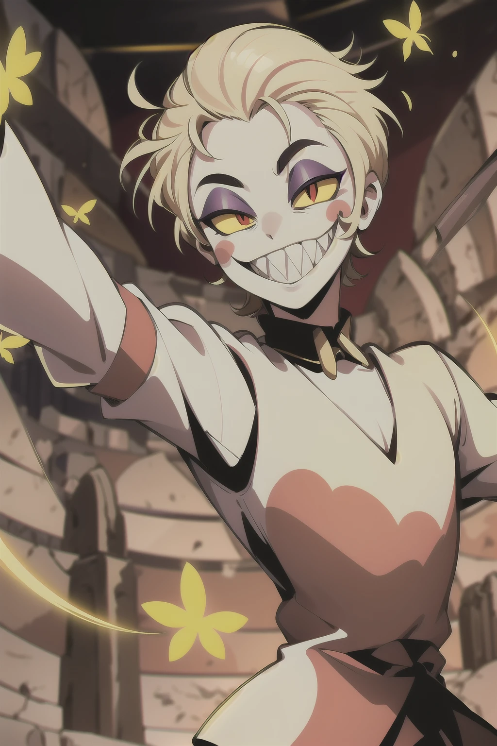 (masterpiece), best quality, (perfect face, blush stickers, grin, sharp teeth, colored skin, makeup), 1boy, male focus, solo, (blonde hair, short hair), (red eyes, yellow sclera), cartoon,  <lora:Lucifer-003-000013:0.8>, ,(colosseum background:1.2), (jumper:1.2), (Dancing as if surrounded by butterflies :1)