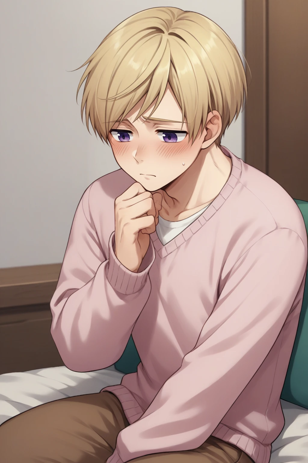 score_9, score_8_up, source_anime, 1boy, male focus, solo, <lora:NSFinlandHetalia:1>  NSFinlandHetalia  purple eyes, blonde hair, pink sweater, very long sleeves, brown pants, blush, shy, indoors