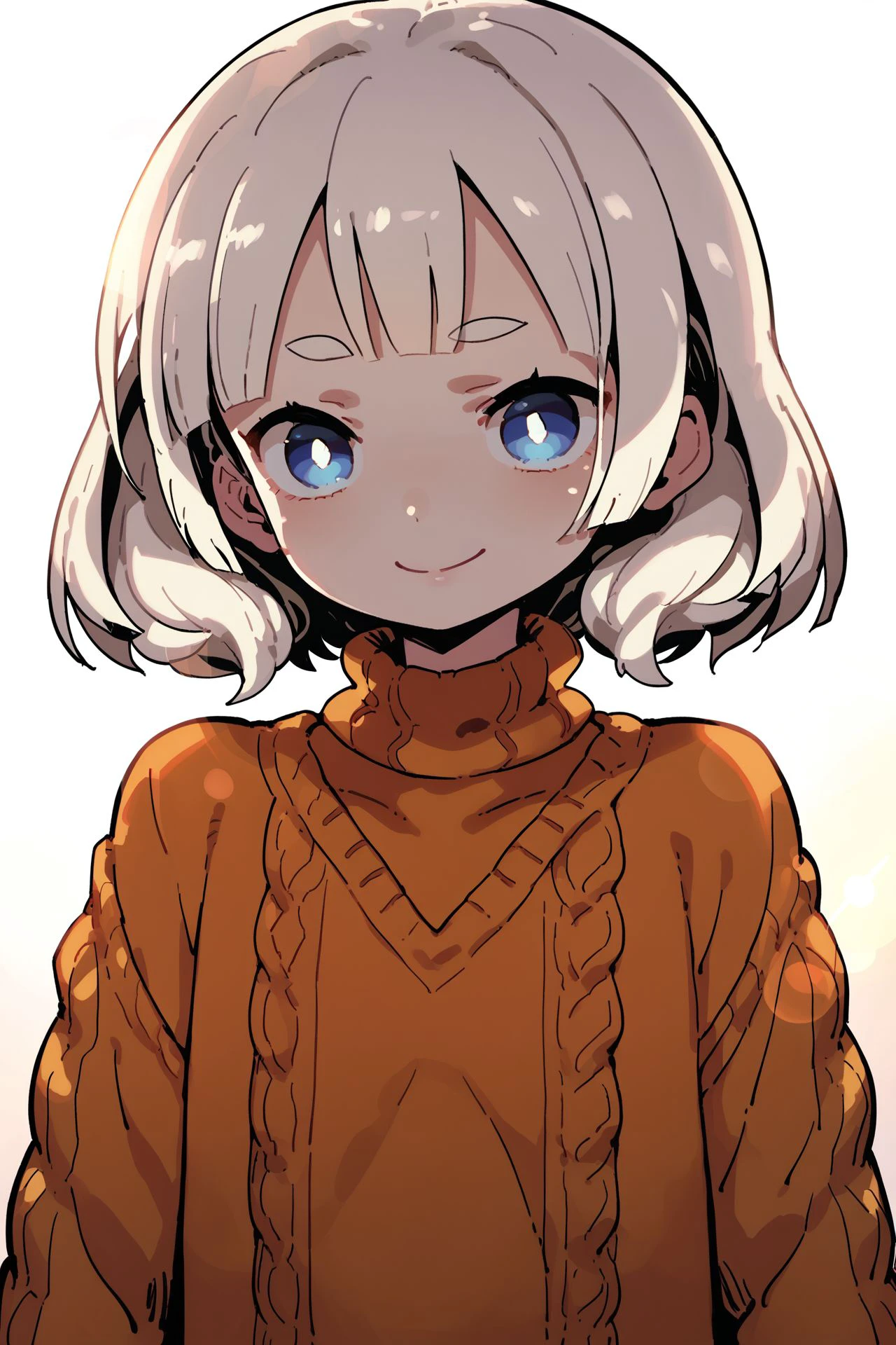 score_9, score_8_up, score_7_up, 1girl, pale skin, squinting eyes smile, white hair, thin fringe, medium hair, dark blue eyes, flat chest, orange aran sweater, lens flare <lora:Himukai_Yuuji_PonyXL_style_v01:1>